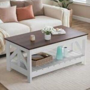 Devoko 39" 2-Tier Farmhouse Coffee Table Wood Center Table With Storage Shelf